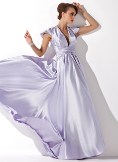 A-Line/Princess V-neck Floor-Length Charmeuse Evening Dress With Ruffle (017021119)