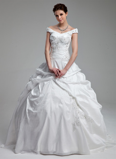 Ball-Gown Off-the-Shoulder Sweep Train Taffeta Wedding Dress With Ruffle Beadwork Sequins (002012899)