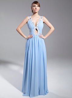A-Line/Princess V-neck Sweep Train Chiffon Evening Dress With Ruffle Sash Beading Sequins (017014691)
