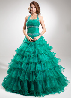 Ball-Gown Halter Floor-Length Organza Satin Quinceanera Dress With Ruffle Beading (021016348)