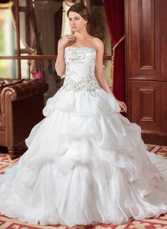 Ball-Gown Strapless Cathedral Train Organza Wedding Dress With Embroidery Ruffle Beadwork Sequins (002012744)