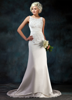 Sheath/Column Scoop Neck Court Train Satin Wedding Dress With Lace Beadwork Sequins (002004594)