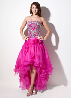A-Line/Princess Strapless Asymmetrical Organza Prom Dress With Beading (018022556)