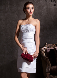 Sheath/Column Strapless Knee-Length Taffeta Wedding Dress With Lace Beadwork (002011535)
