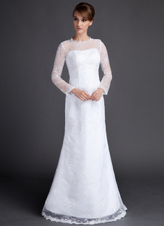 A-Line/Princess Scoop Neck Floor-Length Organza Satin Wedding Dress With Lace (002015810)