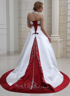 Ball-Gown Halter Court Train Satin Wedding Dress With Embroidery Sashes Beadwork Sequins (002011730)