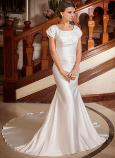 Mermaid Square Neckline Chapel Train Satin Wedding Dress With Ruffle Lace Beadwork (002001668)