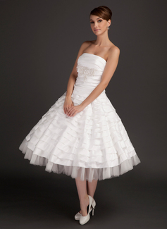 A-Line/Princess Strapless Tea-Length Satin Tulle Wedding Dress With Ruffle Lace Beadwork (002015544)