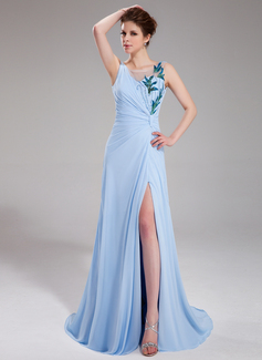 A-Line/Princess V-neck Sweep Train Chiffon Tulle Evening Dress With Ruffle Beading Sequins (017019562)