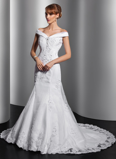 Mermaid Off-the-Shoulder Court Train Organza Satin Wedding Dress With Ruffle Lace Sequins (002014749)