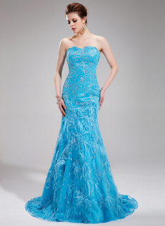 Mermaid Sweetheart Sweep Train Charmeuse Lace Evening Dress With Beading Feather Sequins (017019440)