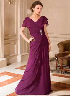 A-Line/Princess V-neck Floor-Length Chiffon Mother of the Bride Dress With Ruffle Beading (008024443)