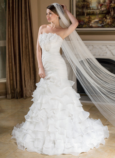 Mermaid Scalloped Neck Court Train Organza Wedding Dress With Ruffle Flower(s) (002012810)