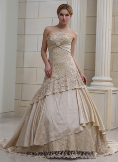 Ball-Gown Strapless Court Train Satin Lace Wedding Dress With Ruffle Crystal Brooch Sequins (002011382)