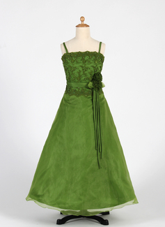 A-Line/Princess Ankle-Length Organza Charmeuse Junior Bridesmaid Dress With Lace Beading Flower(s) (009016204)