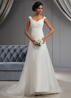A-Line/Princess Off-the-Shoulder Court Train Organza Wedding Dress With Ruffle (002022664)