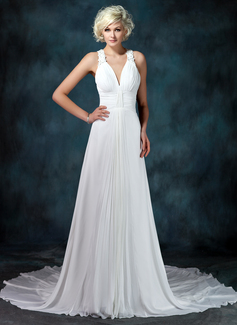 A-Line/Princess V-neck Chapel Train Chiffon Wedding Dress With Ruffle Beadwork Appliques (002001675)