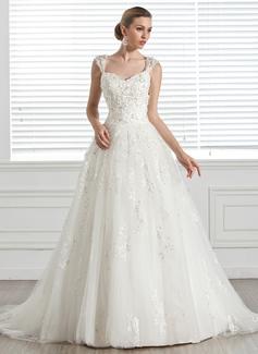 Ball-Gown Sweetheart Court Train Tulle Wedding Dress With Beadwork Appliques Flower(s) (002005283)
