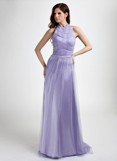 A-Line/Princess Halter Court Train Tulle Evening Dress With Ruffle Beading (017015765)
