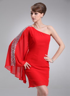 Sheath One-Shoulder Short/Mini Chiffon Cocktail Dress With Beading (016008327)