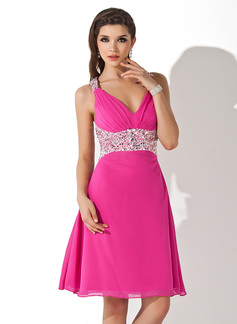 A-Line/Princess V-neck Knee-Length Chiffon Cocktail Dress With Beading (016008381)