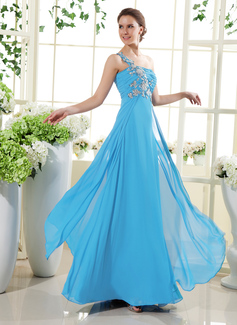 A-Line/Princess One-Shoulder Floor-Length Chiffon Holiday Dress With Ruffle Beading Appliques (020015432)