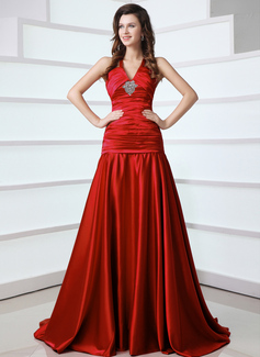 Sheath V-neck Sweep Train Satin Evening Dress With Ruffle Beading (017017314)