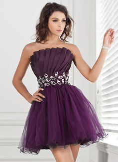 A-Line/Princess Scalloped Neck Short/Mini Taffeta Tulle Homecoming Dress With Ruffle Beading Sequins (022013089)