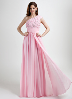 A-Line/Princess One-Shoulder Floor-Length Chiffon Holiday Dress With Ruffle Beading (020015785)