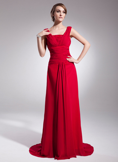 A-Line/Princess Square Necklin Court Train Chiffon Evening Dress With Ruffle (017014519)