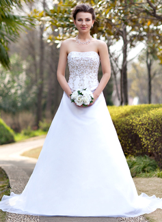 A-Line/Princess Sweetheart Chapel Train Organza Satin Wedding Dress With Embroidery Beadwork Sequins (002000390)