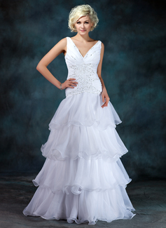 A-Line/Princess V-neck Floor-Length Organza Satin Wedding Dress With Ruffle Beadwork Sequins (002024405)