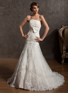 A-Line/Princess Strapless Court Train Organza Satin Wedding Dress With Lace Sashes (002014958)