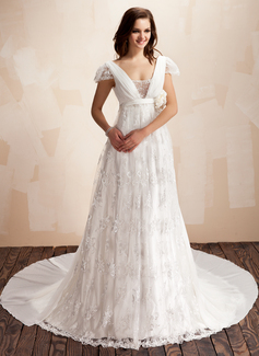 A-Line/Princess Square Neckline Watteau Train Chiffon Lace Wedding Dress With Ruffle Beadwork Flower(s) (002011929)