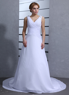 A-Line/Princess V-neck Chapel Train Chiffon Wedding Dress With Ruffle Beadwork Sequins (002012823)