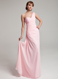 Sheath One-Shoulder Floor-Length Chiffon Prom Dress With Ruffle Beading (018004880)