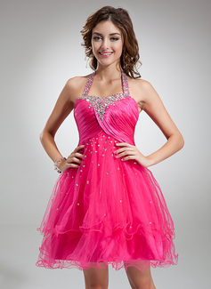 A-Line/Princess Halter Knee-Length Tulle Charmeuse Cocktail Dress With Ruffle Beading Sequins (016016339)