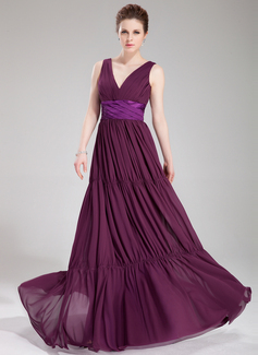 A-Line/Princess V-neck Floor-Length Chiffon Charmeuse Evening Dress With Ruffle Sash (017019750)