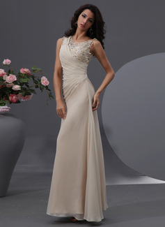 Vestido tubo Escote redondo Hasta el suelo Chifón Tul Vestidos de baile de promoción con Volantes Bordoneado Flores (018022747)