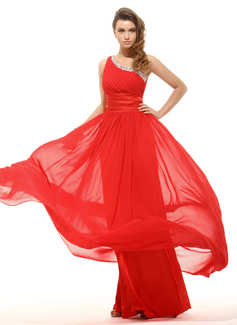 Empire One-Shoulder Floor-Length Chiffon Charmeuse Holiday Dress With Ruffle Sash (020016063)