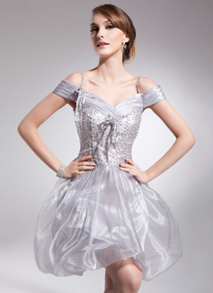 A-Line/Princess Off-the-Shoulder Short/Mini Organza Charmeuse Homecoming Dress With Ruffle Beading Sequins (022008945)