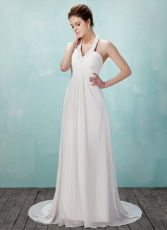 Empire Halter Court Train Chiffon Wedding Dress With Ruffle Beadwork (002011555)