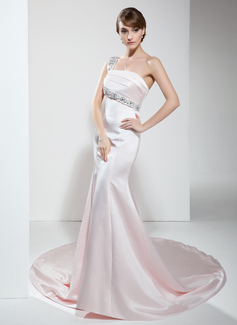Mermaid One-Shoulder Chapel Train Satin Evening Dress With Beading (017022530)