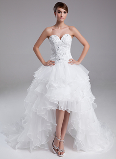 A-Line/Princess Sweetheart Asymmetrical Organza Satin Prom Dress With Lace Beading (018014995)