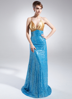 A-Line/Princess V-neck Court Train Charmeuse Sequined Evening Dress With Ruffle Beading (017015771)
