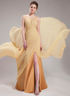 A-Line/Princess Scoop Neck Court Train Chiffon Tulle Evening Dress With Ruffle Beading (017019732)