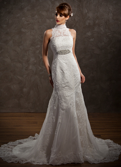 Mermaid High Neck Court Train Satin Tulle Wedding Dress With Lace Beadwork (002001234)
