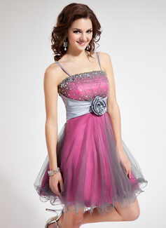 A-Line/Princess Short/Mini Taffeta Tulle Homecoming Dress With Lace Beading Flower(s) Sequins (022010074)