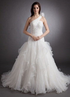 Ball-Gown One-Shoulder Court Train Organza Wedding Dress With Ruffle Flower(s) (002000622)