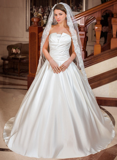 Ball-Gown Scalloped Neck Chapel Train Satin Wedding Dress With Ruffle (002012697)